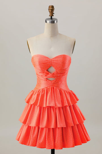 Orange Strapless Tiered A Line Cut Out Cocktail Dress with Beading